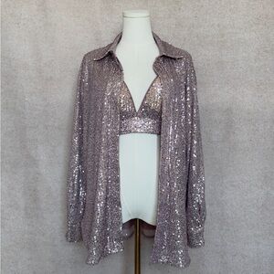 Main Strip Stunning Champagne Blush Sequin Button Down w/ Matching Bralette